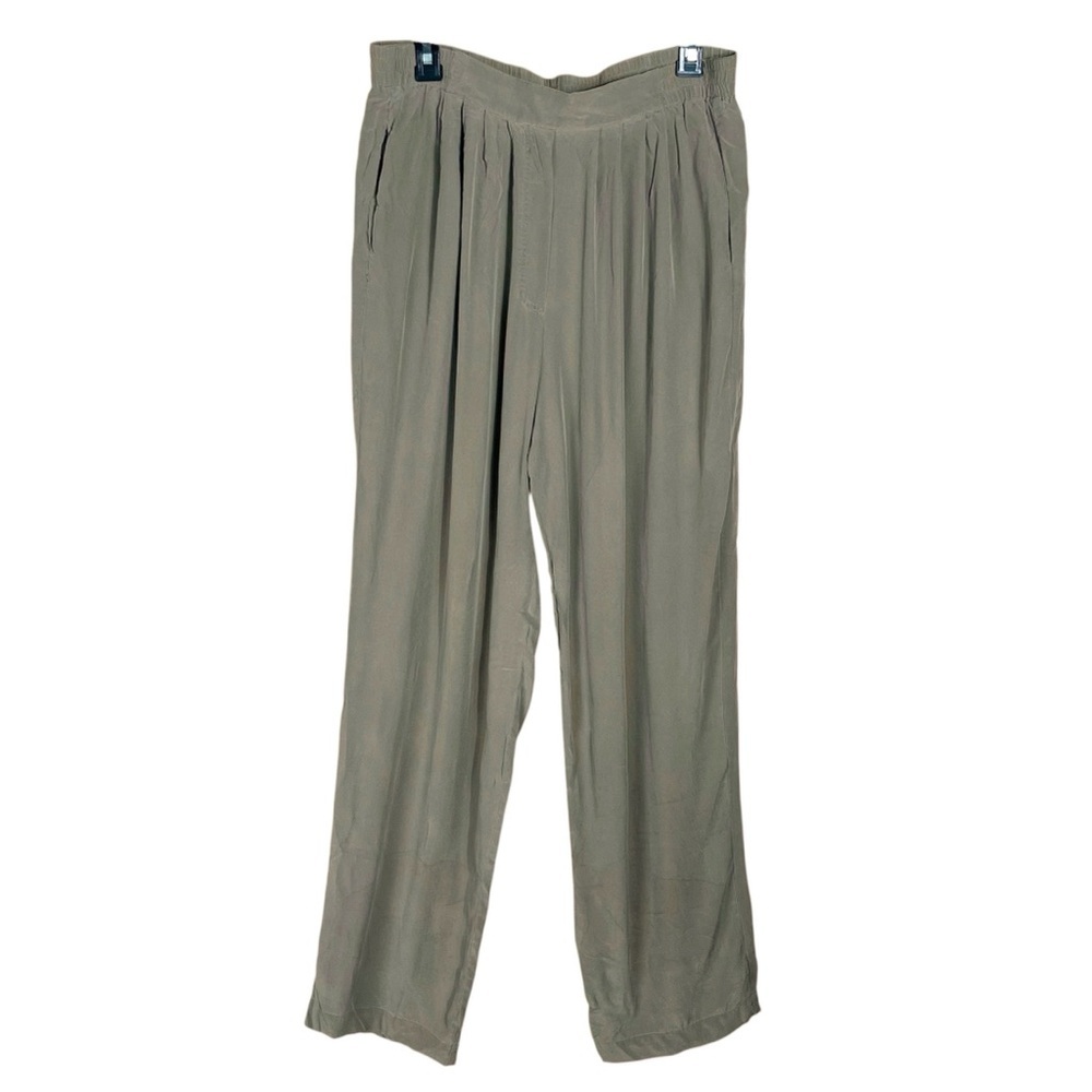 Carol Little Silk Pants Size 12 Olive Green Relaxed Fit Straight Leg Pockets